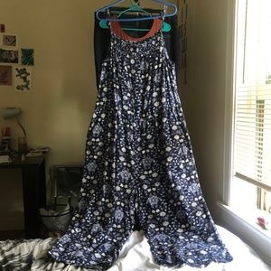Indigo Floral Linen Jumpsuit w/ Pockets